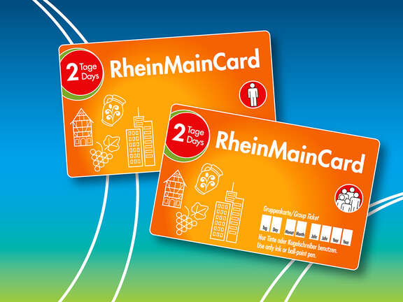 enlarged view: two orange RheinMainCards with typical symbols for the Rhein-Main region and local traffic symbols