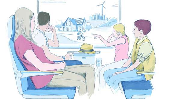 Zeichnung: Eine Familie schaut im Zug auf dem Fenster. Draußen ein Fahrrad, ein Haus und eine Windmühle.