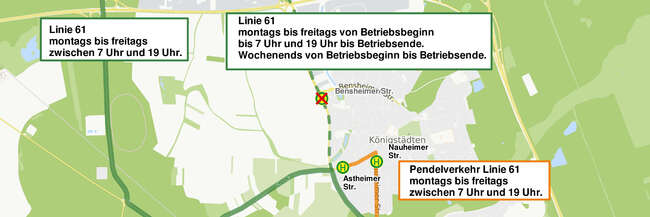 Nauheim und Rüsselsheim: Umleitung und Pendelverkehr Linie 61