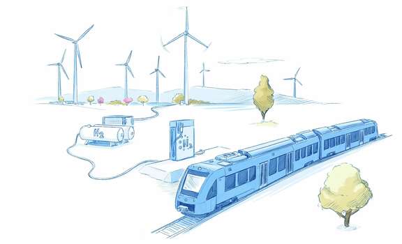 Zeichnung: Ein Zug wird an einer Wasserstofftankstelle betankt. Im Hintergrund Windmühlen.