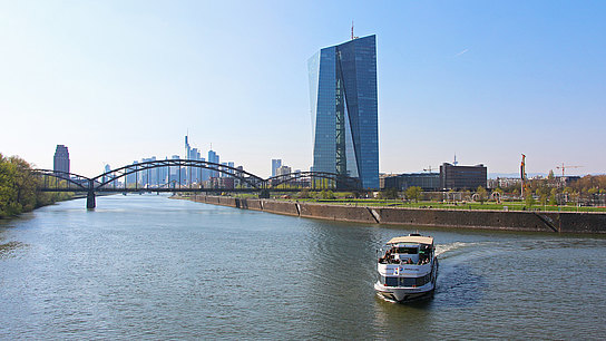 Blick von der Osthafenbrücke auf die Skyline