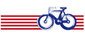 weißes Logo mit blauem Fahrrad auf roten Streifen: Radtouren Planer Hessen