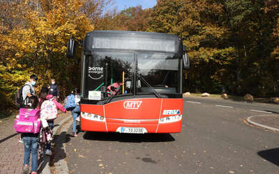 Schüler steigen in die Linie 816 ein und die Buslotsen geben Anweisungen zum Einstieg