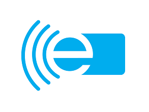 Blue Logo: On the left three blue waves followed by an e on blue background