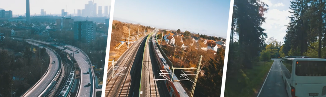 Dreigeteiltes Bild mit Straßenansicht, Schienenansicht und Bus auf der Straße.