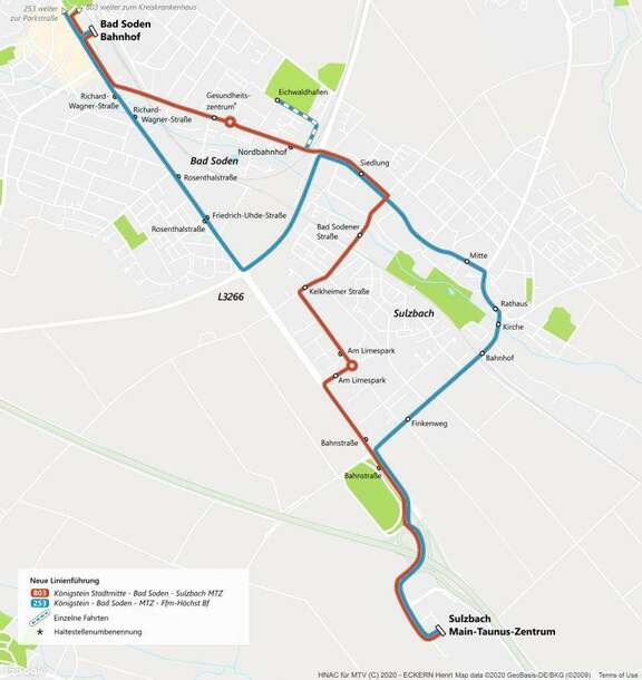 Karte der neuen Linienführung der Buslinien 803 und 253.
