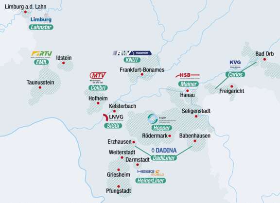 Karte mit den Logos der Anbieter und den jeweiligen Bediengebieten von RMV On-Demand