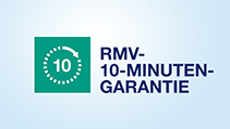 Logo RMV-10-Minuten-Garantie. Link zu FAQ Garantien und Fahrgastrechte