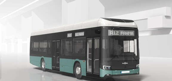 Illustrationen einen mintfarbenen Wasserstoffbusses von der Seite. In der Anzeige vorne steht fahma.