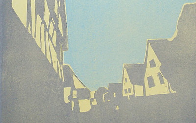 Vergrößerte Ansicht: Linoldruck Altstadtgasse mit Himmel