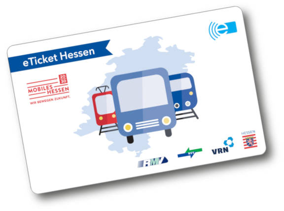 Schülerticket Hessen als eTicket mit Illustration von Bus, Bahn, Straßenbahn und Logos RMV, NVV, VRN, Land Hessen