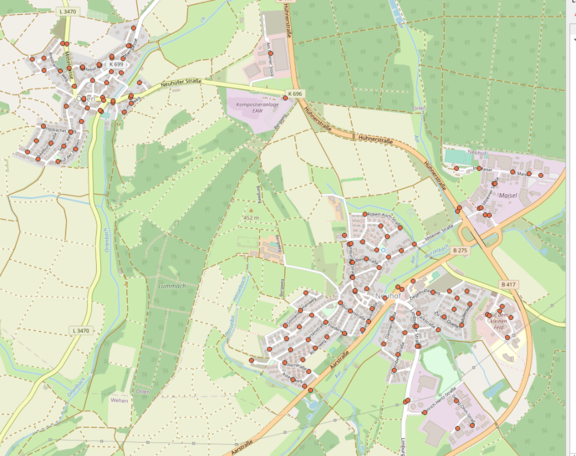 Virtuelle Haltepunkte in Neuhof und Orlen. Die Karte zeigt das engmaschige Netz von virtuellen Haltepunkten in Neuhof und Orlen
