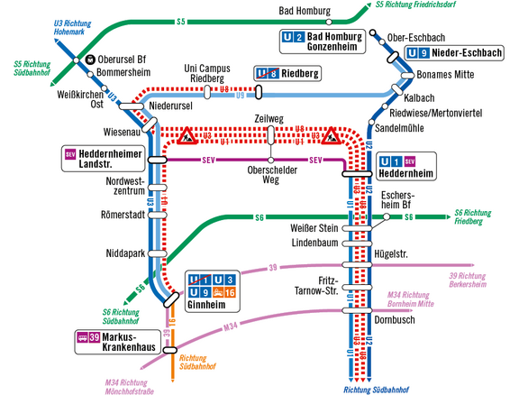 Schematischer Liniennetzplan der U-Bahn-Linien rund um die Sperrung Zeilweg