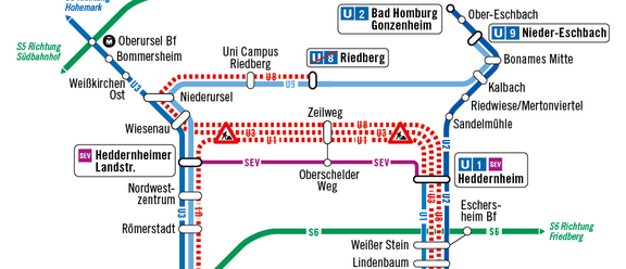 Schematischer Liniennetzplan der U-Bahn-Linien rund um die Sperrung Zeilweg