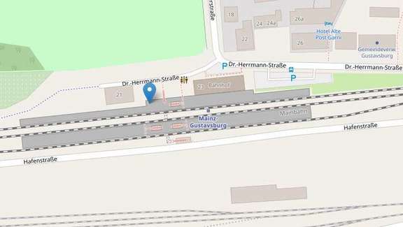 Vergrößerte Ansicht: Kartenausschnitt Bahnhof Ginsheim-Gustavsburg mit Standort Fahrradbox