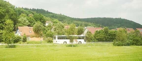 Grüne Wiese, im Hintergrund ein Bus auf einer Landstraße