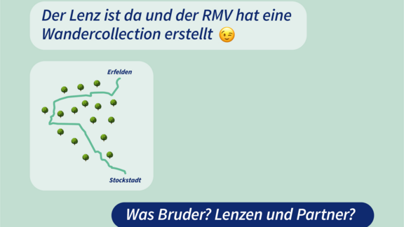 Ein gefälschter Chatverlauf. Person 1: "Der Lenz ist da und der RMV hat eine neue Collection erstellt ;)" + Ein Bild einer Wanderroute. - Person 2: "Was Bruder? Lenzen und Partner?"