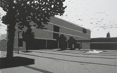 Vergrößerte Ansicht: Linoldruck Baum im linken Vordergrund verdeckt flaches Gebäude
