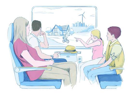 Zeichnung: Eine Familie schaut im Zug auf dem Fenster. Draußen ein Fahrrad, ein Haus und eine Windmühle.