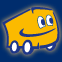 Yellow Bus cartoon with eyes and smiling mouth in a blue square