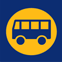 Blue bus symbol in an orange circle on a blue square. 