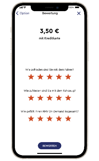App RMV-On-Demand, oben Preis der Fahrt, darunter drei Möglichkeiten, Sterne zu vergeben