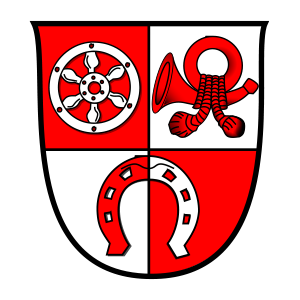 Wappen Kelkheim: Gevierter Schild in Rot und Silber: Feld 1 (oben links): silbernes Rad auf rotem Grund; Feld 2 (oben rechts): rotes Horn auf silbernem Grund; Feld 3 und 4 (unten): ein Hufeisen jeweils in wechselnden Farben Rot und Silber.