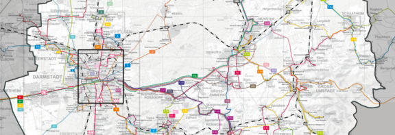 Nahverkehrsplan Karte vom Landkreis Darmstadt-Dieburg mit bunten Markierungen