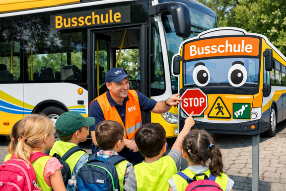 Kinder haben zusammen mit einem Trainer der Busschul-Unterricht