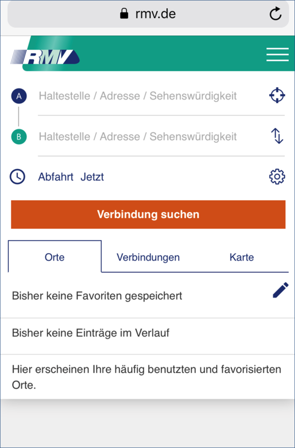 Screenshot Mobile Startseite mit Eingabemaske für die Verbindungssuche