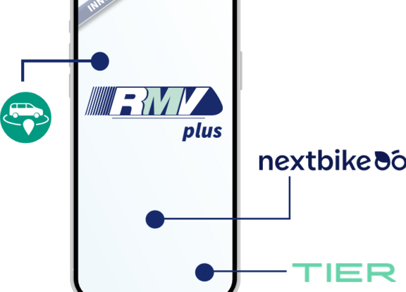 Smartphonedisplay mit RMVplus, OnDemand, Tier und Nextbike-Logos