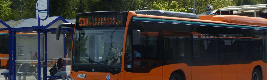 ein orangener Bus der Linie 530 Herborn Bahnhof - ZOB steht an einer Haltestelle