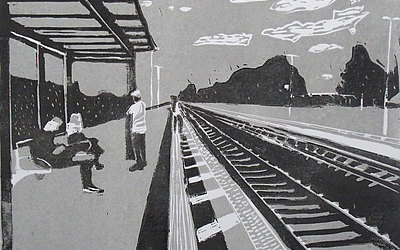Vergrößerte Ansicht: Linoldruck Menschen sitzen an einem Bahnsteig