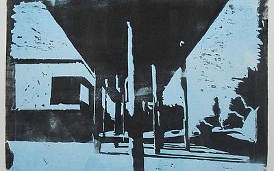 Vergrößerte Ansicht: Linoldruck Gebäude mit Pfählen im Vordergrund