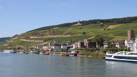 Vergrößerte Ansicht: Landschaft mit Weinbergen, Häusern, Brömserburg, Bahngleisen. Vorne: Fluss mit Schiffen