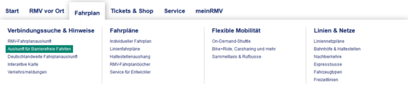 Screenshot des aufgeklappten Menüpunkts Fahrplanauskunft mit den Untermenüpunkten
