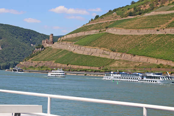 Vergrößerte Ansicht: Burgruine in Weinbergen. Vorne: Fluss mit Schiffen