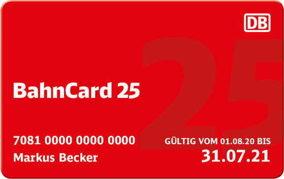 Rote Scheckkarte mit Aufschrift BahnCard 25, Porträtfoto rechts, Kartennummer und Gültigkeitsdatum