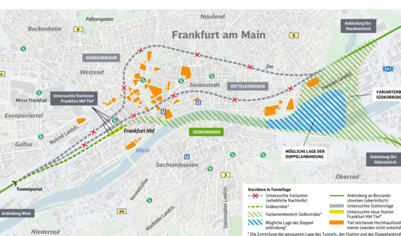 Kartenausschnitt Zentrum Frankfurt mit untersuchten Korridoren für den Fernbahntunnel