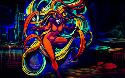 Vergrößerte Ansicht: Wandmotiv, Comic-Frau mit langen Haaren, leuchtende Neonfarben