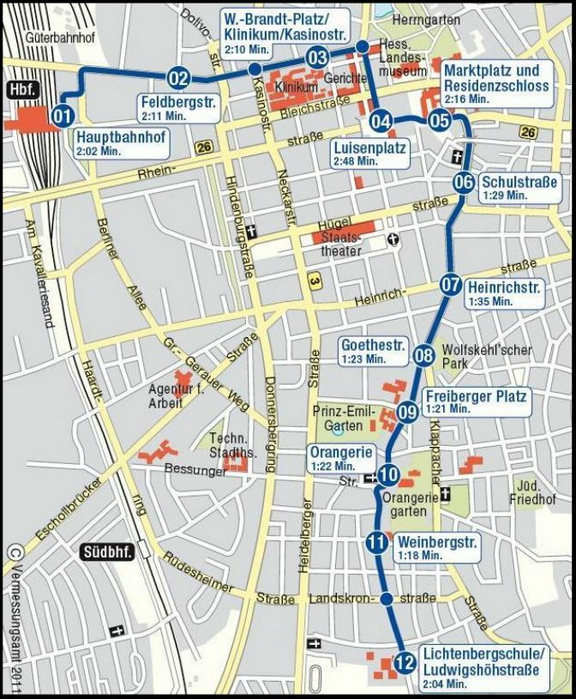 Hörtour-Stationen der Linie 3 Kartenausschnitt Darmstadt