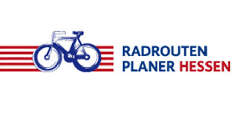 weißes Logo mit blauem Fahrrad auf roten Streifen: Radtouren Planer Hessen