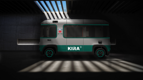 KIRA+ - neues Projekt für autonomes Fahren Shuttle mit Kira+ Aufschrift fährt durchs Bild
