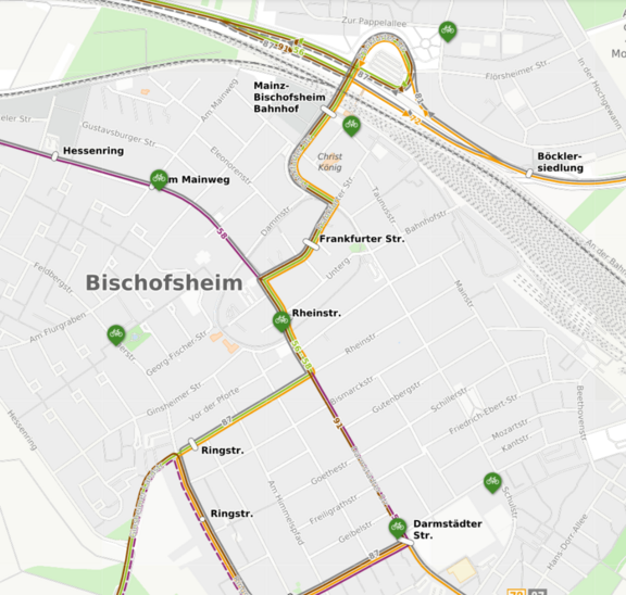 Landkarte von Bischofsheim mit markierten Stationen