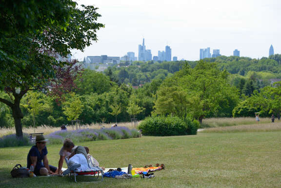 Menschen sitzen unter einem Baum in einem Park und schauen auf eine Stadt-Skyline in der Ferne