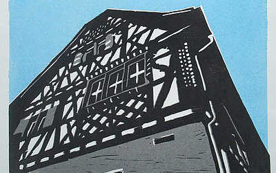 Vergrößerte Ansicht: Linoldruck Fachwerkeckhaus Ansicht von unten