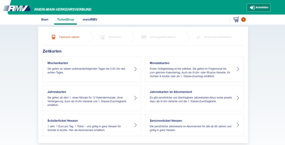 Ticketshop Screenshot aus dem RMV-Ticketshop, Rubrik Zeitkarten