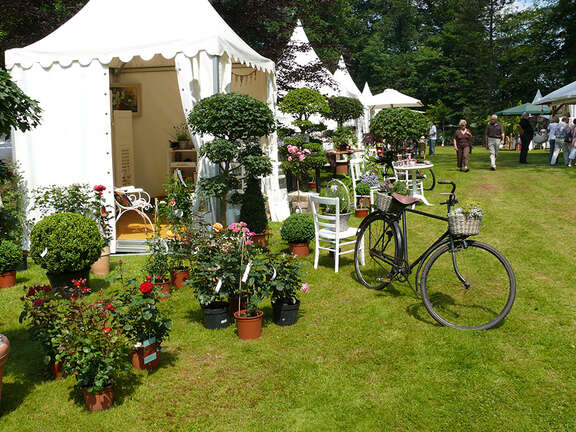 Weiße Aussteller-Zelte auf dem frühlingshaften Markt, im Vordergrund ein Fahrrad und Blumenkübel