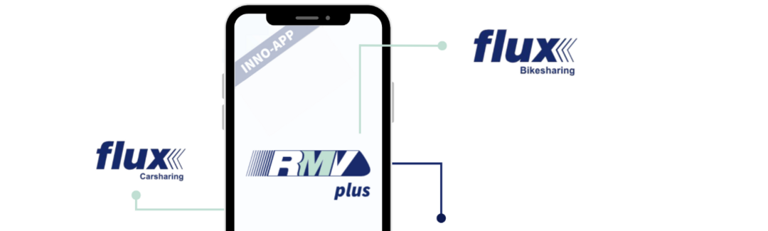 Grafik: Smartphone, Schrift: RMVplus, flux carsharing/bikesharing, nextbike