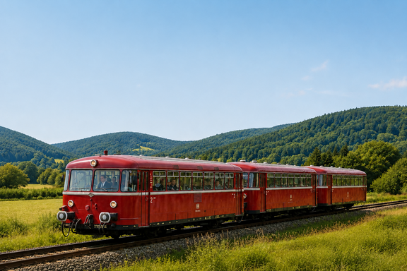 Historische rote Bahn fährt durch Landschaft